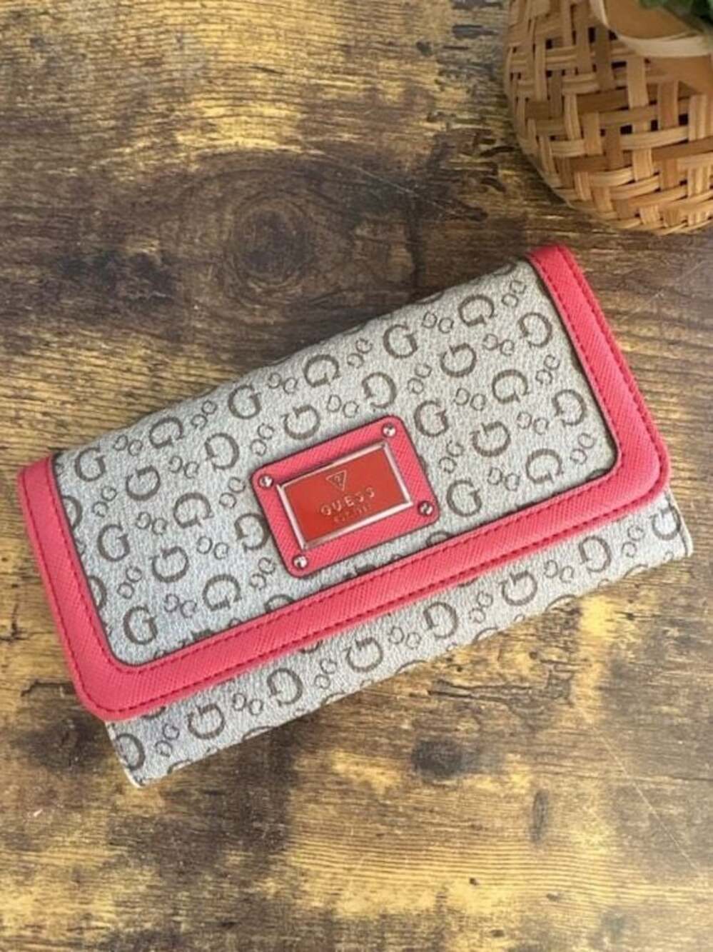 Guess Logo Print Trifold Wallet with Red Trim